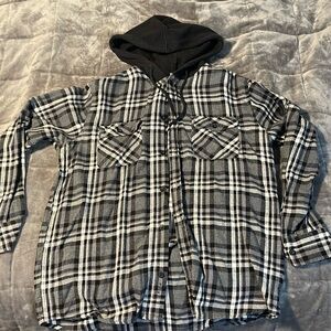Mens Large Black & White Hooded Flannel